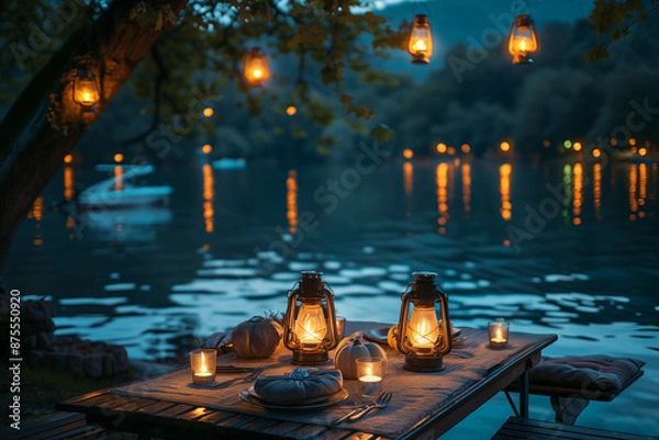 Fototapeta Lanterns illuminating a nighttime picnic