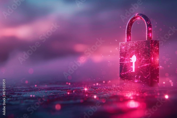 Fototapeta Glowing security padlock on purple backdrop. Digital interface and protection concept. 3D Rendering. 