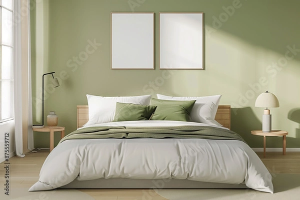 Fototapeta interior in light green tone 3d render blank frames mockup above the bed in the bedroom 