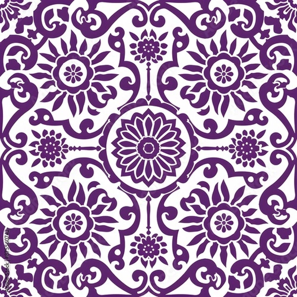 Fototapeta Purple Chinese pattern with woodcut print and green lines