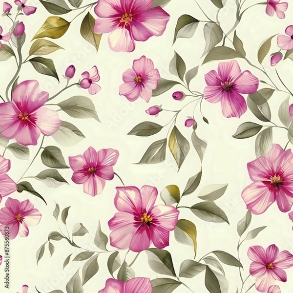 Fototapeta Playful Tropical Flower and Geometric Print in Dark Blue and Pink