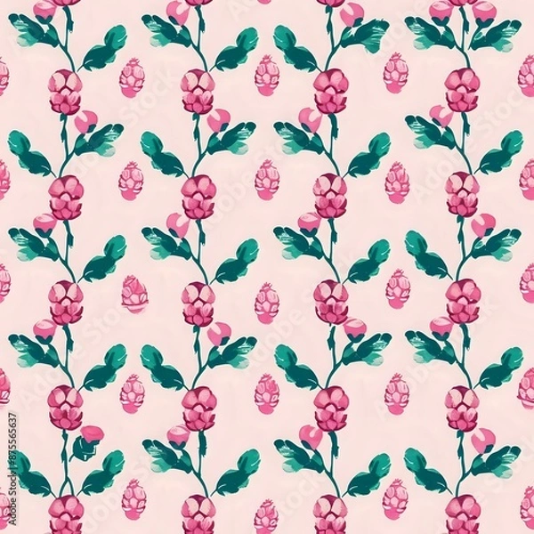 Fototapeta Magnificent Pink Flower Bud and Green Branch Grid Background
