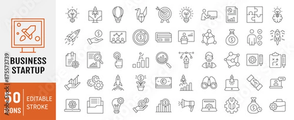 Obraz Startup icon set. Containing innovation, business plan, investment, launch, funding, investor and entrepreneurship icons. 