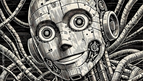 Fototapeta Humanoid Robot Face with Intricate Details - AGI and AI