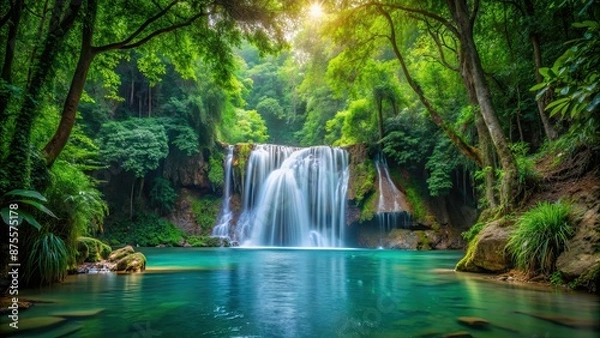 Obraz Peaceful waterfall surrounded by lush forest trees and vegetation, waterfall, forest, nature, serene, tranquil, landscape