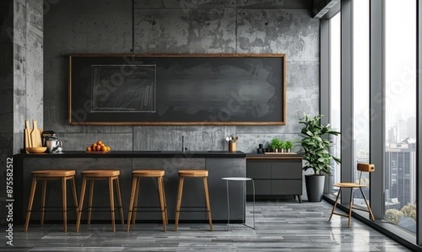Fototapeta Minimalist kitchen with an empty chalkboard on the wall