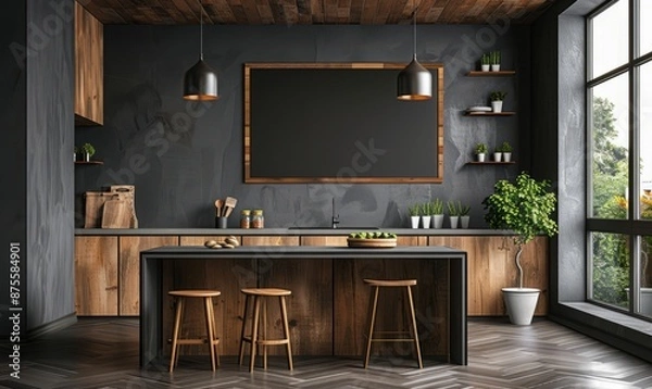 Obraz Minimalist kitchen with a blank chalkboard on the wall
