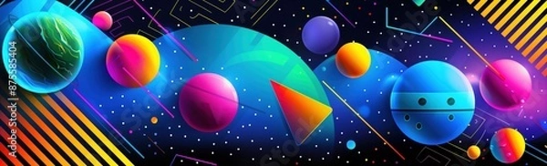 Obraz Colorful abstract geometric shapes and planets floating in a vibrant, futuristic space. Digital art and sci-fi concept.