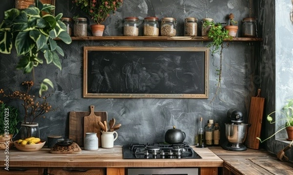 Fototapeta Rustic kitchen with a blank chalkboard above the counter