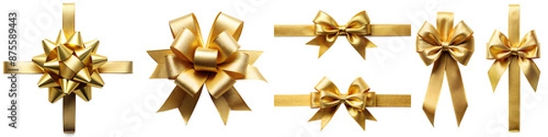 Fototapeta Gold ribbon and bow top view on transparent background PNG file