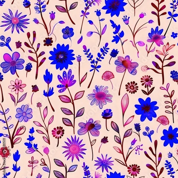 Fototapeta Scattered hand-drawn flowers and plants in a calming pink pattern