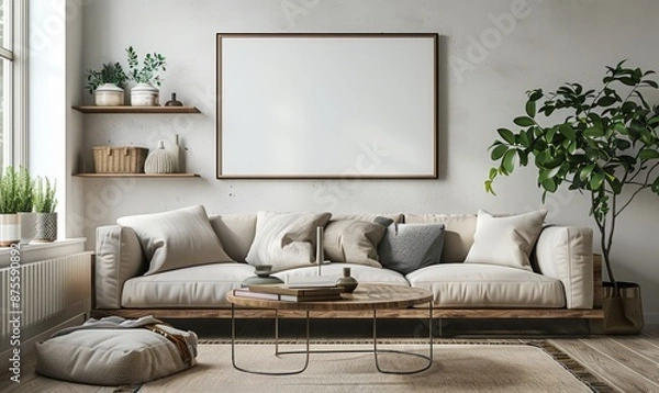 Fototapeta Modern living room with an empty frame on the shelf