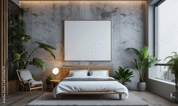 Fototapeta Minimalist bedroom with a mockup canvas on the wall