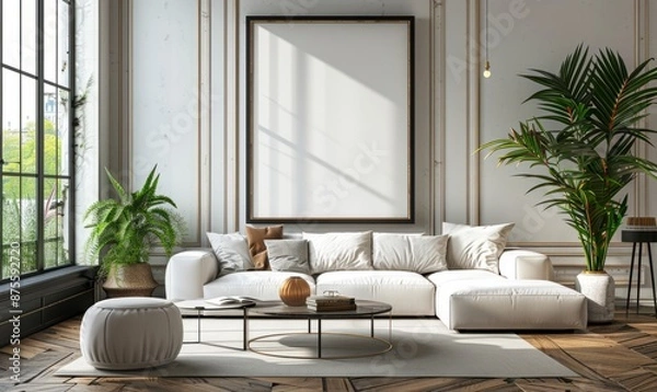 Fototapeta Elegant living room with a blank frame on the wall