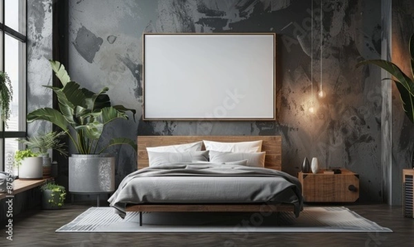 Fototapeta Elegant bedroom with a blank canvas above the bed