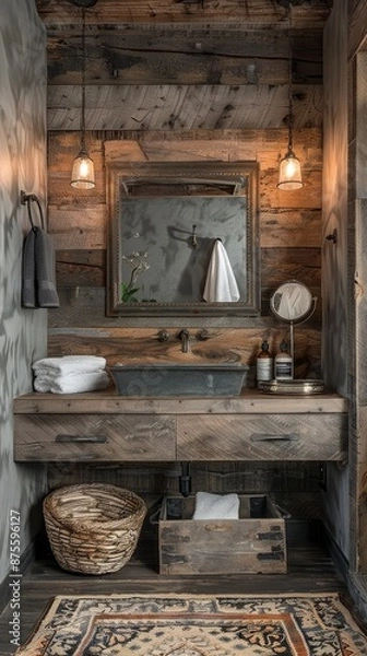 Fototapeta Rustic bathroom with an empty wall frame above the sink