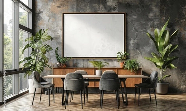 Fototapeta Modern dining room with an empty frame on the sideboard