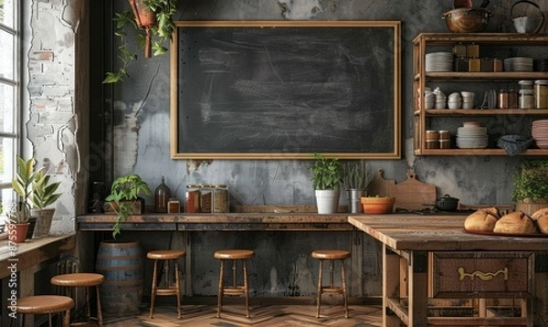 Fototapeta Bright kitchen with a blank chalkboard on the wall