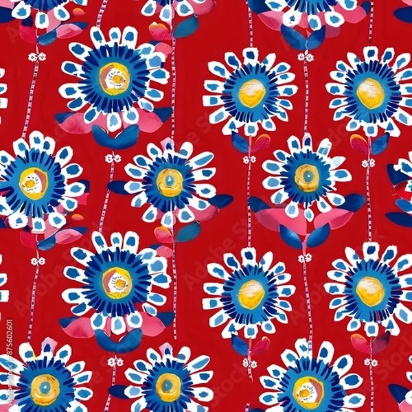 Fototapeta Vibrant Blue and Pink Flower Repeat Design