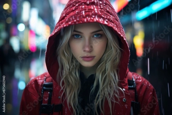 Obraz a woman in a red hooded jacket in the rain