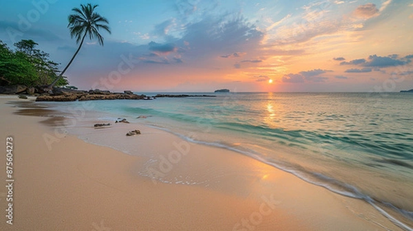 Fototapeta beautiful beach with clean sand and distant palm trees at sunset