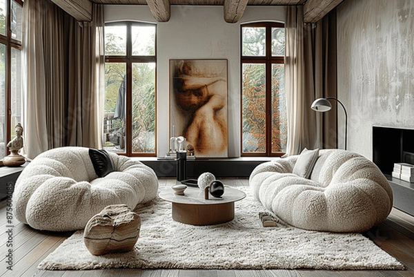 Fototapeta Modern minimalist living room with round sofas and fluffy armchairs