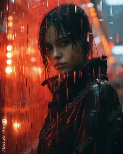 Fototapeta a woman standing in the rain with red lights behind her