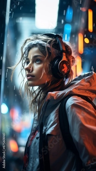 Fototapeta a woman wearing headphones in the rain