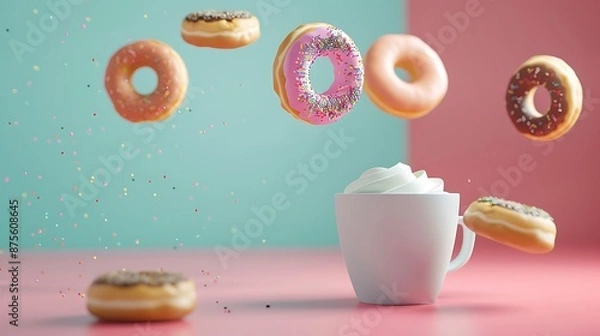 Obraz Flying multicolored donuts and a cup of coffee isolated on colorful background