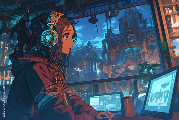 Fototapeta Girl enjoying music while gazing at an ancient artifact showcased in a museum through the window. LoFi style, cozy vibes, anime style