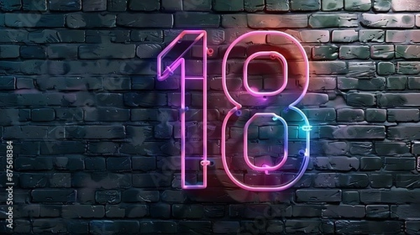 Obraz Number 18 with glowing neon colorful lighting on black brick wall