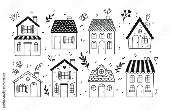 Fototapeta Set of cute little houses with branches of different plants. Home Sweet Home. Collection of doodle illustrations isolated in black and white vector.eps