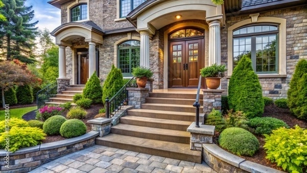 Obraz Inviting exterior of luxurious residence featuring stylish entrance door, curved staircase, lush ornamental shrubs, and elegant paved walkway leading up.