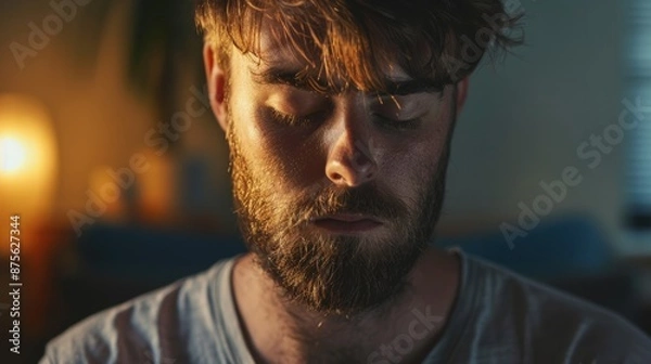 Fototapeta Lonely and depressed adult man with eyes closed at home generative ai