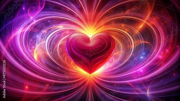Fototapeta Vibrant crimson heart shape symbol radiates warmth against a mesmerizing abstract background of swirling purple and pink hues.