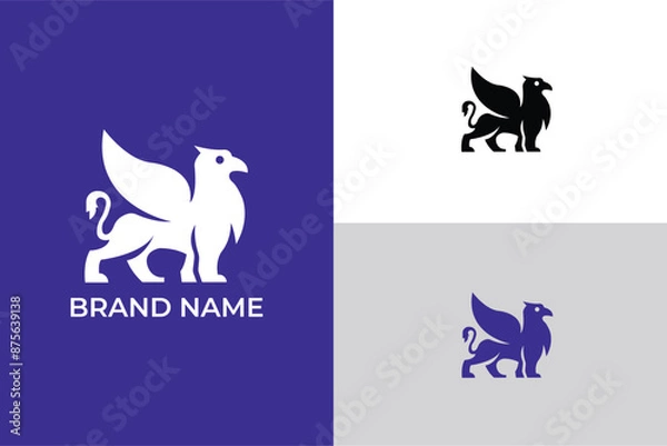 Fototapeta Griffin Mascot E-sport logo template design, Devilishly Beautiful Griffin Stand, Premium logo design combining lion and eagle, griffon with lion body, wings and eagle head