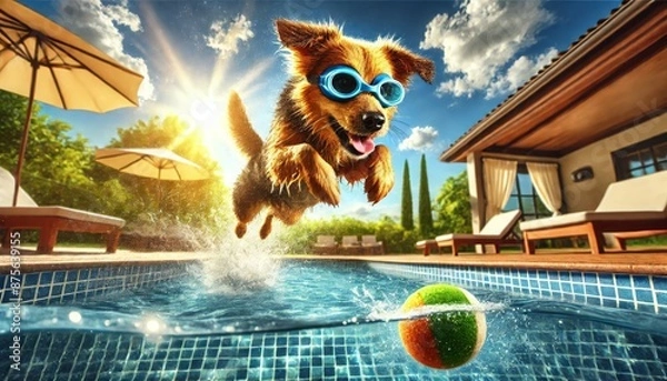 Obraz Playful Dog with Goggles Diving into a Pool