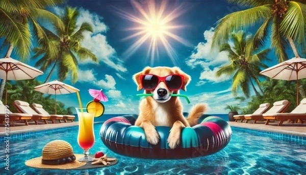Obraz Dog Wearing Sunglasses Relaxing on Pool Float