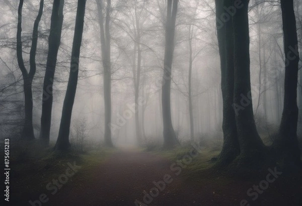 Fototapeta horror fairy day forest foggy spooky misty nature ather morning mist dark trees fantasy cold landscape tree background fog looking