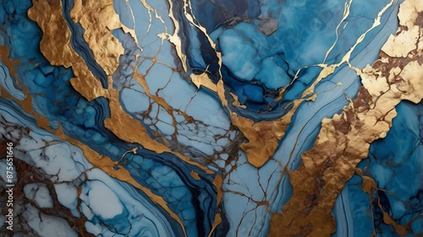 Fototapeta Modern abstract artwork, featuring a luxurious blue shades and golden ink marble design.Abstract painting, can be used as a trendy background for wallpapers, posters, cards, invitations, websites.