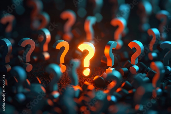 Fototapeta A large exclamation mark in the center of an array of question marks