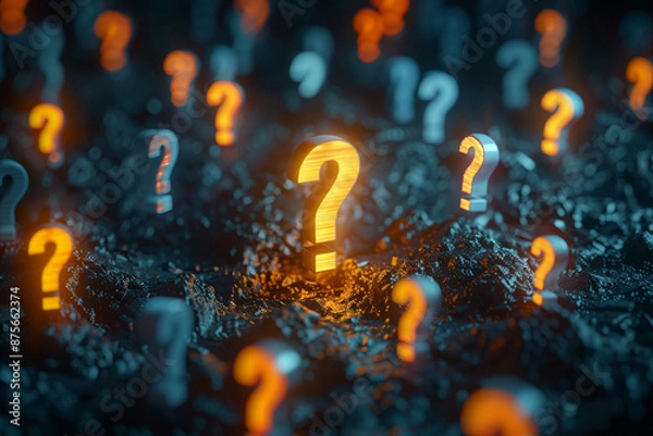 Fototapeta A large exclamation mark in the center of an array of question marks