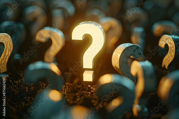 Fototapeta A large exclamation mark in the center of an array of question marks
