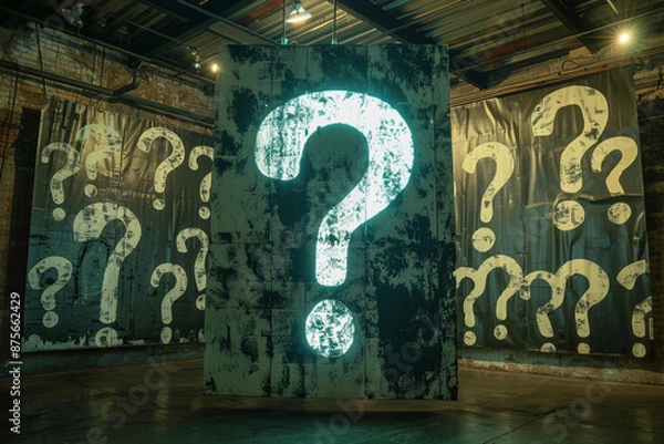Fototapeta A large exclamation mark in the center of an array of question marks