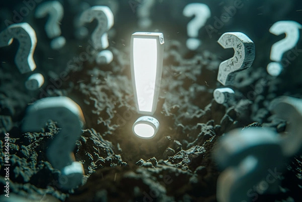 Fototapeta A large exclamation mark in the center of an array of question marks