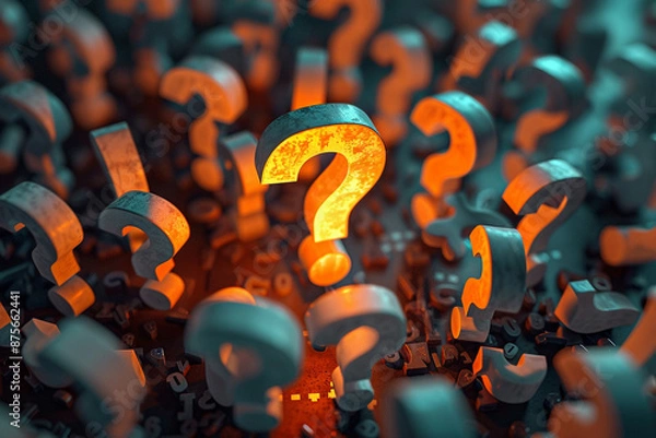Fototapeta A large exclamation mark in the center of an array of question marks