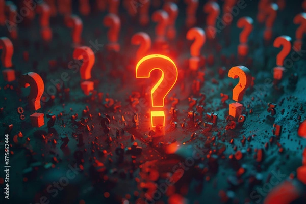 Fototapeta A large exclamation mark in the center of an array of question marks