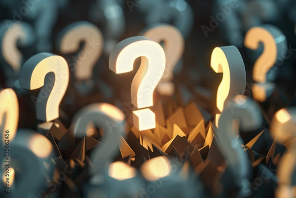 Fototapeta A large exclamation mark in the center of an array of question marks