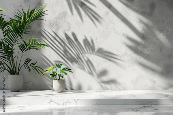Fototapeta Minimal empty white stone countertop counter in sunlight, leaf foliage shadow on gray polished cement wall for luxury organic cosmetic