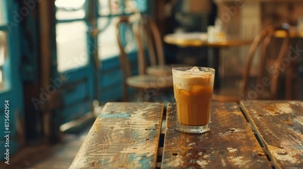 Fototapeta Creamy iced coffee on a rustic cafe table
